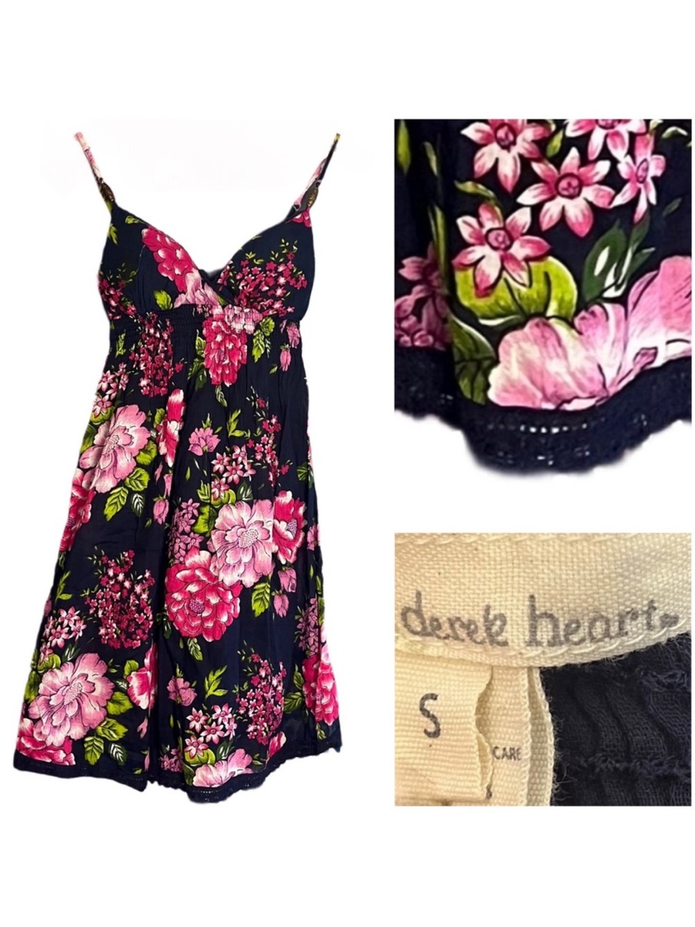Derek Heart Fit & Flare Floral Spaghetti Strap Dress Small Navy Pink